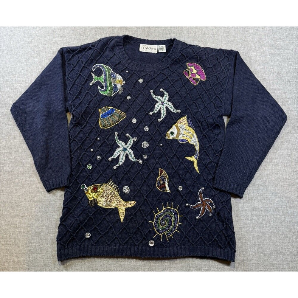 VTG 90s Cedars Beaded Sweater Womens M Navy Ocean Fish Sea Life Embellished